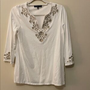 Jones New York White Tunic with Gold Embroidery